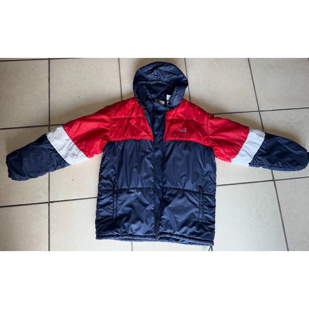 Vintage FILA Puffer Jacket XL Navy Red White Colorblock Coat Broken Zipper AS IS